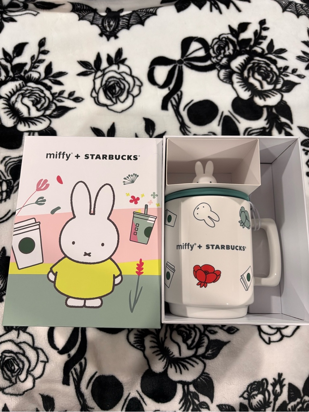 Miffy x Starbucks White Ceramic Mug with Teal Lid and Red Flower
